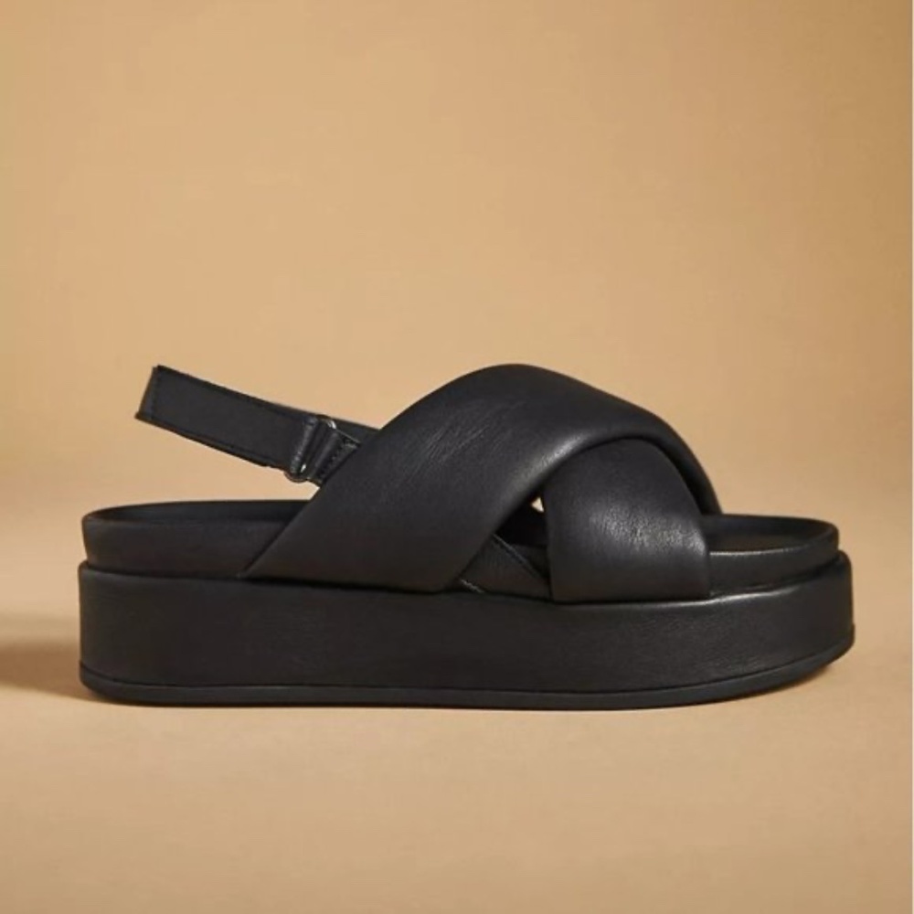 Anthropologie Silent D Pier Platform Slingback Sandal Black Leather Womens 7-7.5